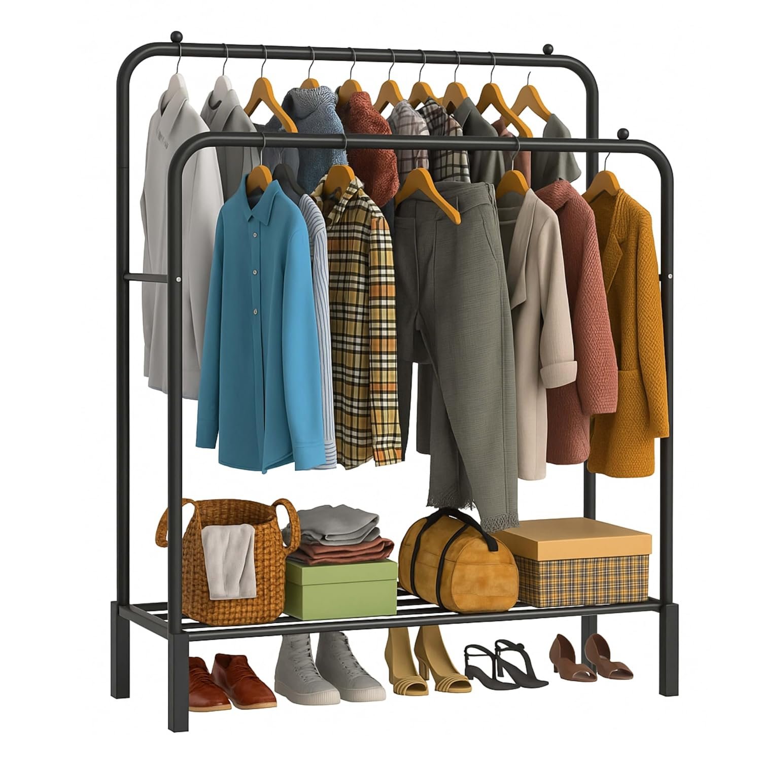 DIVCHI Double Rail Clothes Rack Heavy Duty Freestanding Metal Garment Organizer Stand with Dual Hanging Bars & Bottom Storage Shelf & Hook for Bedroom Laundry Room & Entryway (Black)