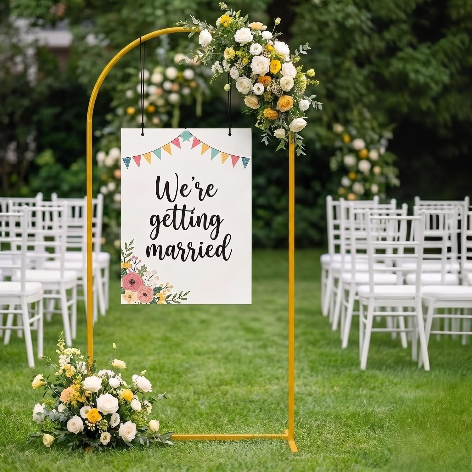 Foribyw 6FT/1.8m Wedding Arch Backdrop Stand, Gold Rustproof Metal Dome Frame with Ground Pegs, Easy Assembly Balloon Arch Stand for Party Reception, Birthday, Baby Shower and Photo Booth Decor