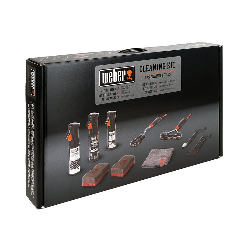 Weber Cleaning Kit for Enamel Gas Barbecues/Includes Grate Cleaner (300 ml), Enamel Cleaner (300 ml), Non-Stick Spray (200 ml), 3 BBQ Brushes, Scraper, Microfibre Cloth & 2 Sponges