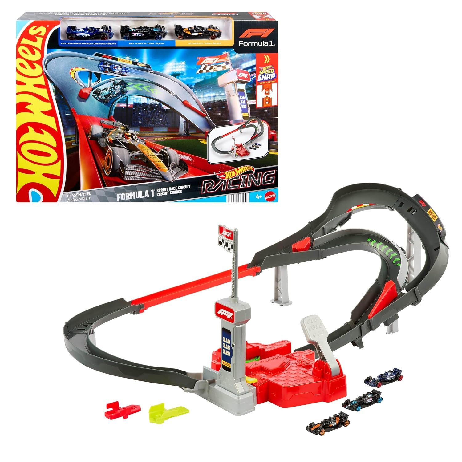 Hot Wheels Toy Car Track Set, 3 Formula 1 Die-Cast Vehicles in 1:64 Scale: McLaren F1 Team, Alpine & VCARB, Sprint Race Circuit (Teams May Vary), JDY15