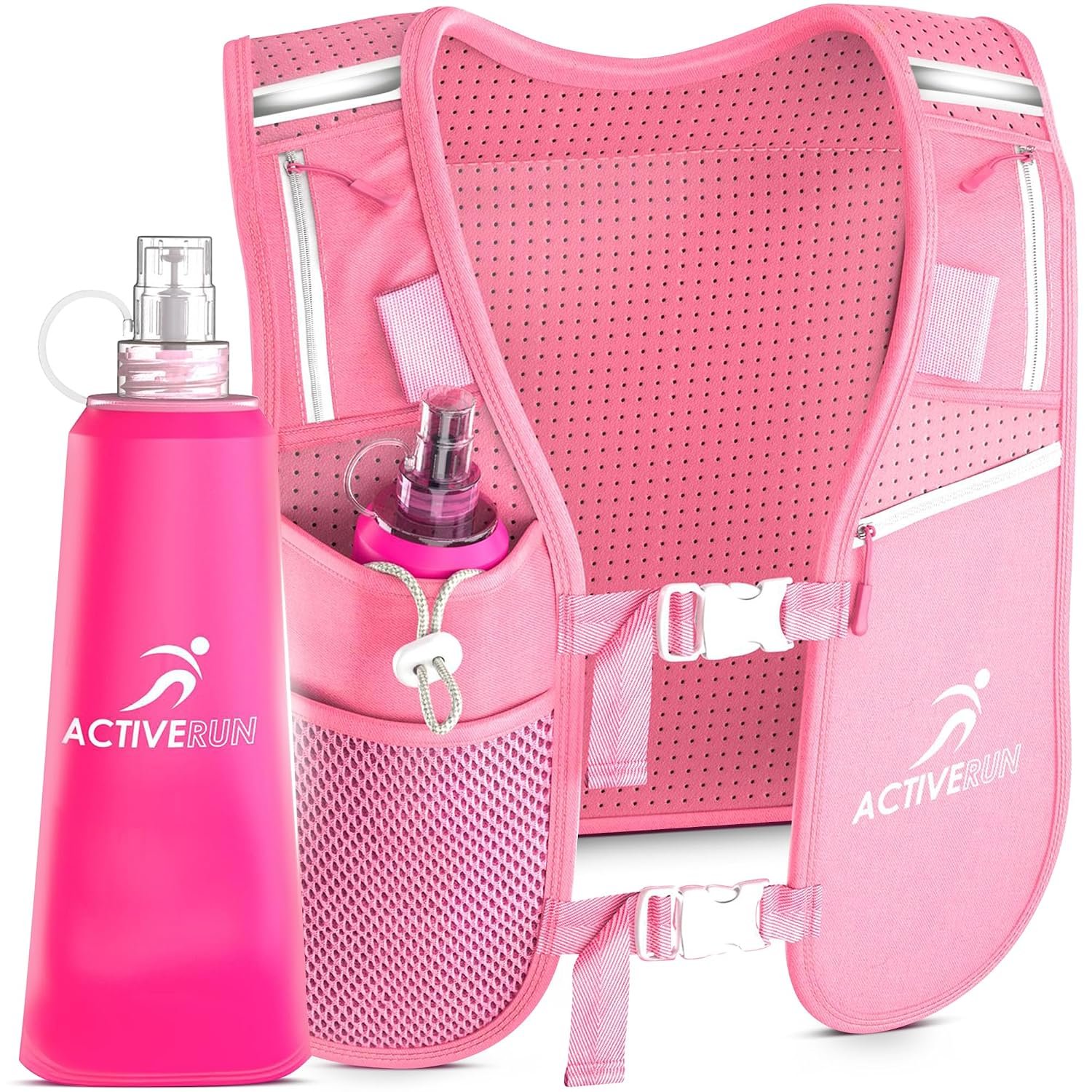 ACTIVERUN | Running Vest - 500ml Water Bottle & Phone Holder – Reflective & Adjustable - Unisex Lightweight Vest with 6 Storage Compartments for Running, Cycling & Hiking