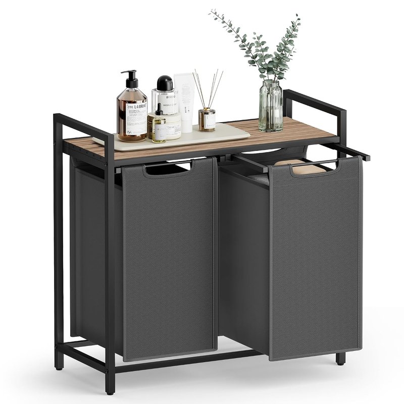 VASAGLE Laundry Basket, 2-Compartment Laundry Hamper, Pull-Out and Removable Laundry Bags, Laundry Sorter, Shelf, Metal Frame, 2 x 46L, 73 x 33 x 72 cm, Camel Brown and Grey BLH201G50