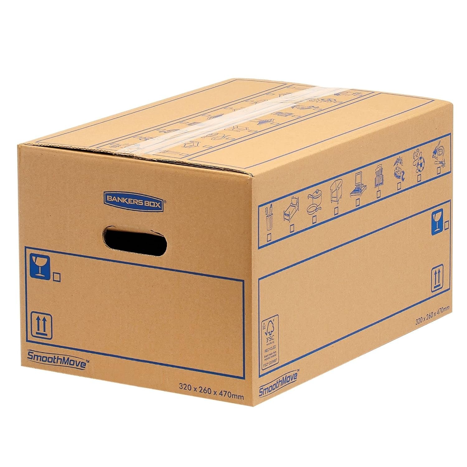 15 BANKERS BOX Large Strong Moving Boxes, 39L C-Flute SmoothMove Cardboard Storage Packing Boxes, Heavy Duty Cardboard Boxes for Moving House with Handles, 47cm x 32cm x 26cm (Pack of 15), Brown