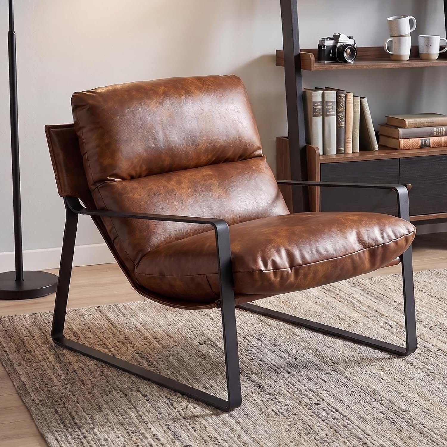 Ya-Home Modern Armchair PU Leather Accent Chair for Living Room Occasional Tub Chair with Metal Frame, Reading Chair for Bedroom, Brown