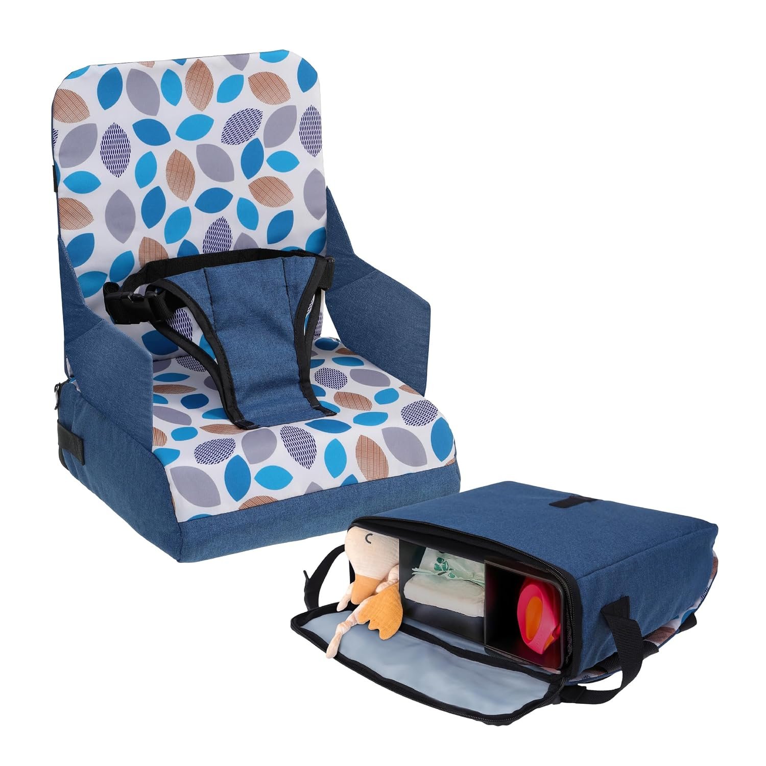 Dreambaby On-The-Go Kids Booster Seat - Portable High Chair with Handy Storage Compartments - Fits Most Dining Chairs - Lightweight, Compact, and Travel-Friendly -Navy Blue