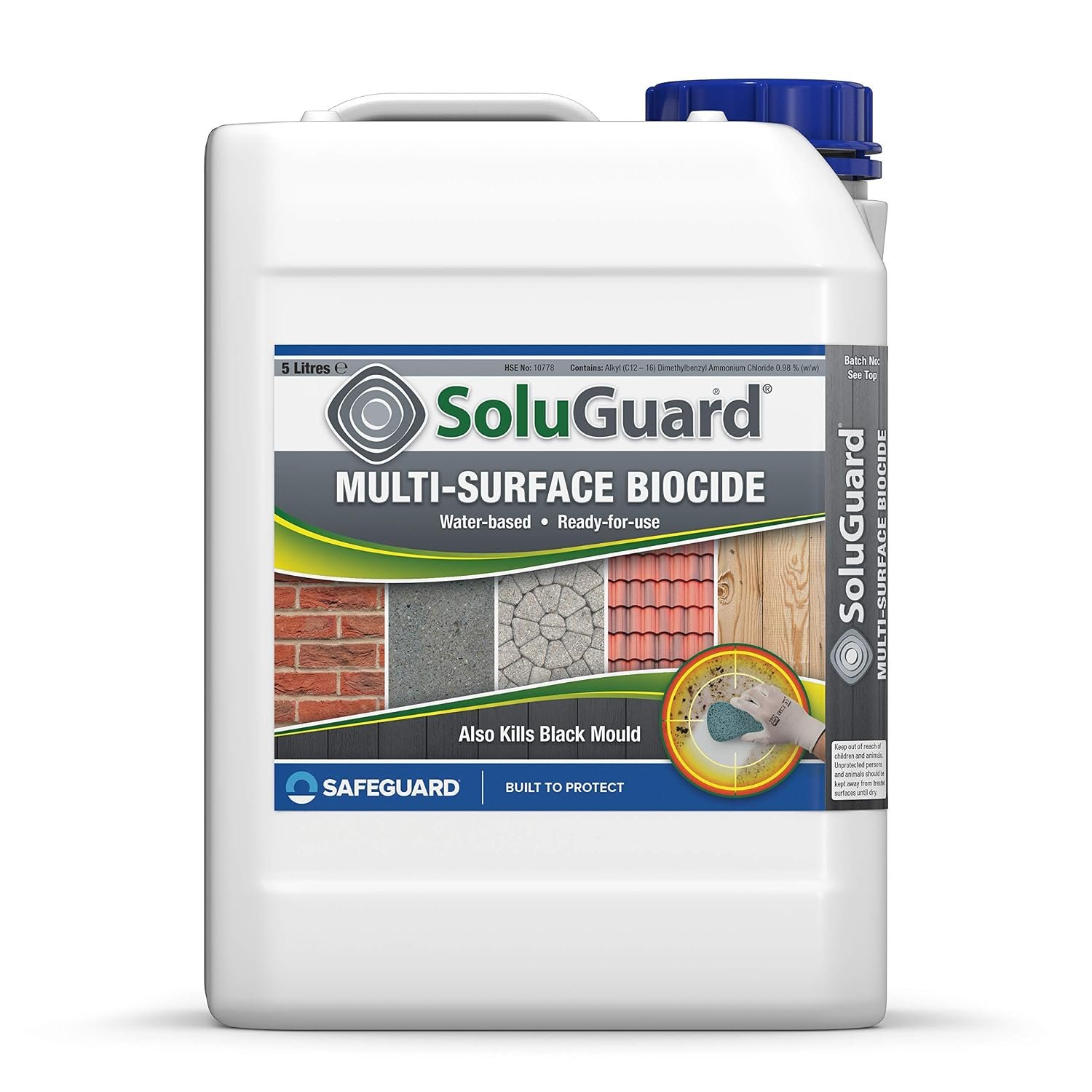 Soluguard Multi Surface Biocide - 5L - High Strength, Ready for Use Fungi, Mould, Lichen & Algae Remover on Internal and External Walls, Brick, Render, Stone, Driveway, Roof Tiles & Other Surfaces