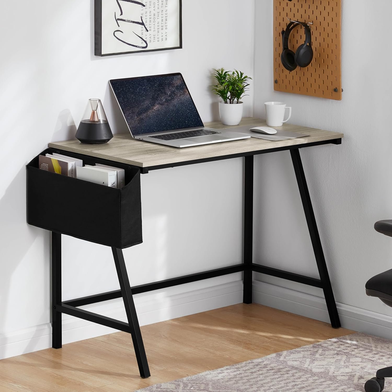 Vida Designs Brooklyn Small Computer Desk | Grey | 75H x 112W x 50D cm | with Storage Basket | Space-Saving | Easy-Assembly | Metal Frame | Modern Writing Table for Home, Office, Study