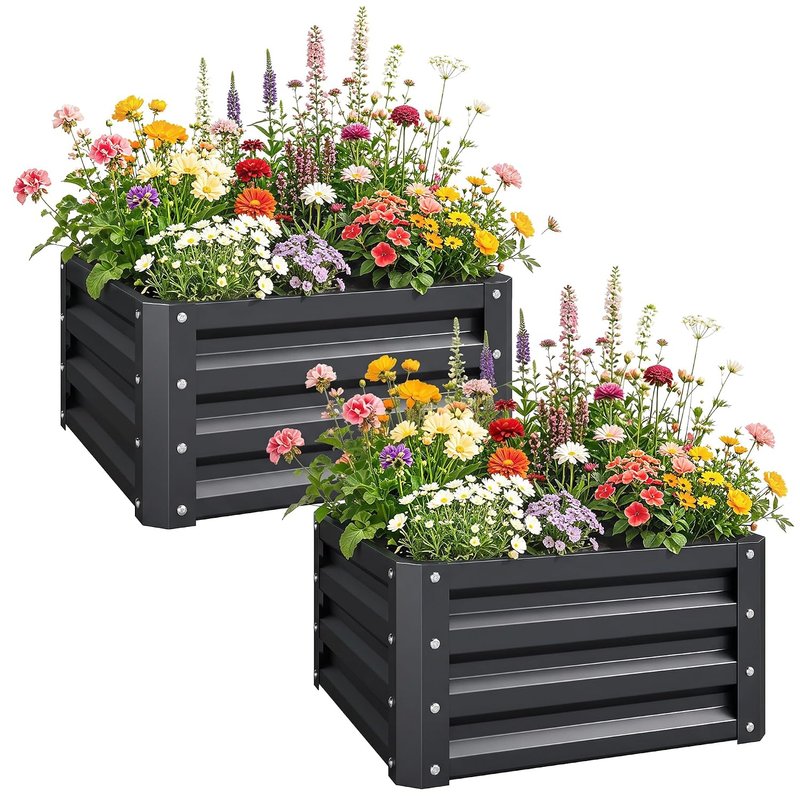 Outsunny Set of 2 Raised Garden Bed, Outdoor Planter Box with Galvanised Steel Frame for Growing Vegetables, Flowers and Herbs, 60 x 60 x 30.5 cm, Grey