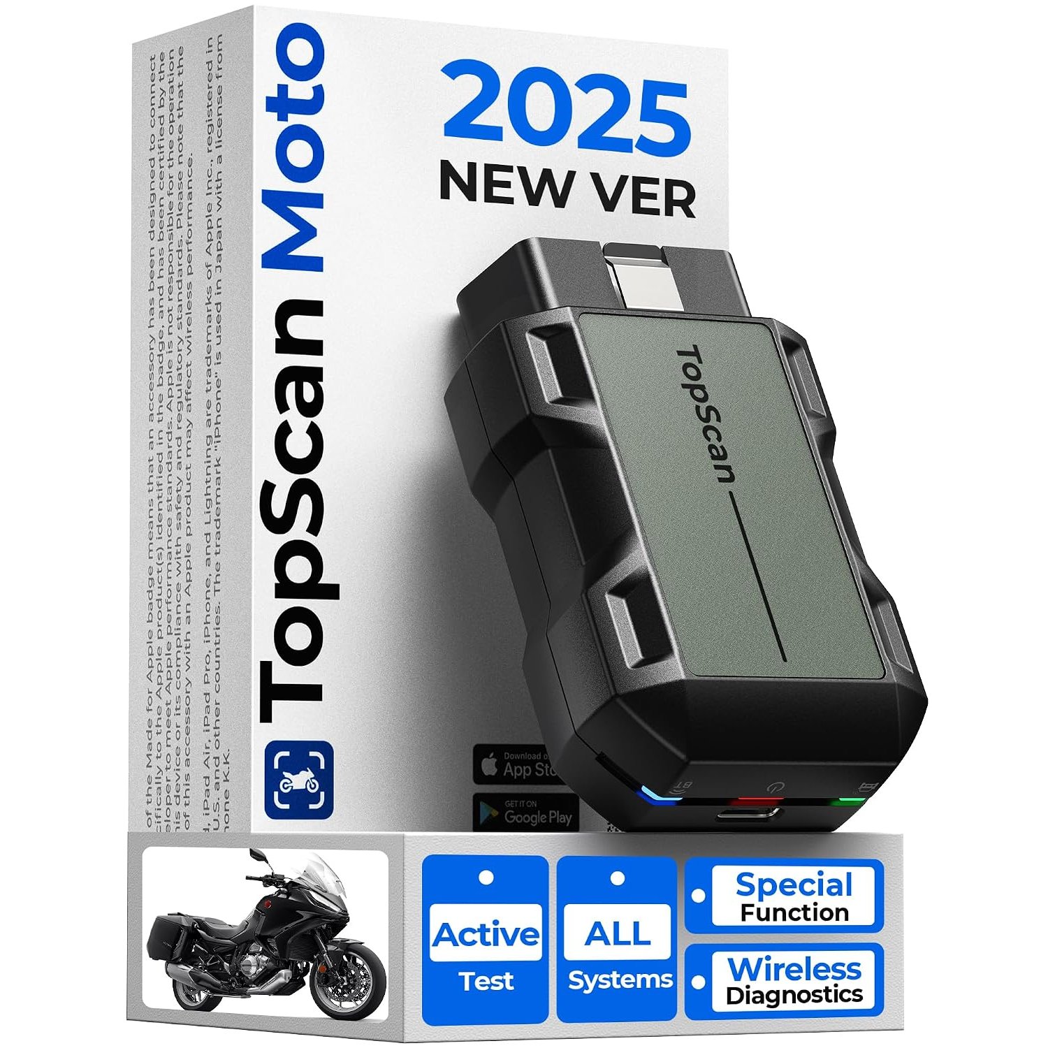 TopScan Motorcycle OBD2 Scanner Diagnostic Tool, Wireless Motorcycle OBD2 Code Reader Fits for Harley, Ducati, BMW, All Systems Motorbike Scan Tool with Hot Reset Functions, Data Stream
