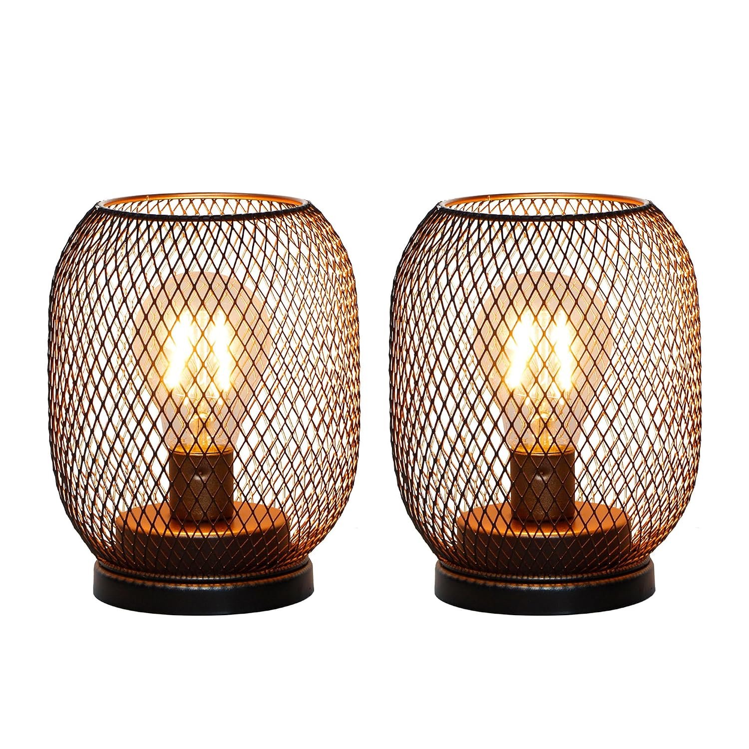 TRIROCKS Set of 2 Battery Operated Table Lamp, Metal Cage Cordless Lantern with LED Bulb, Oval Vintage Decorative Outdoor Lights for Weddings, Parties, Patio for Indoors Shelf