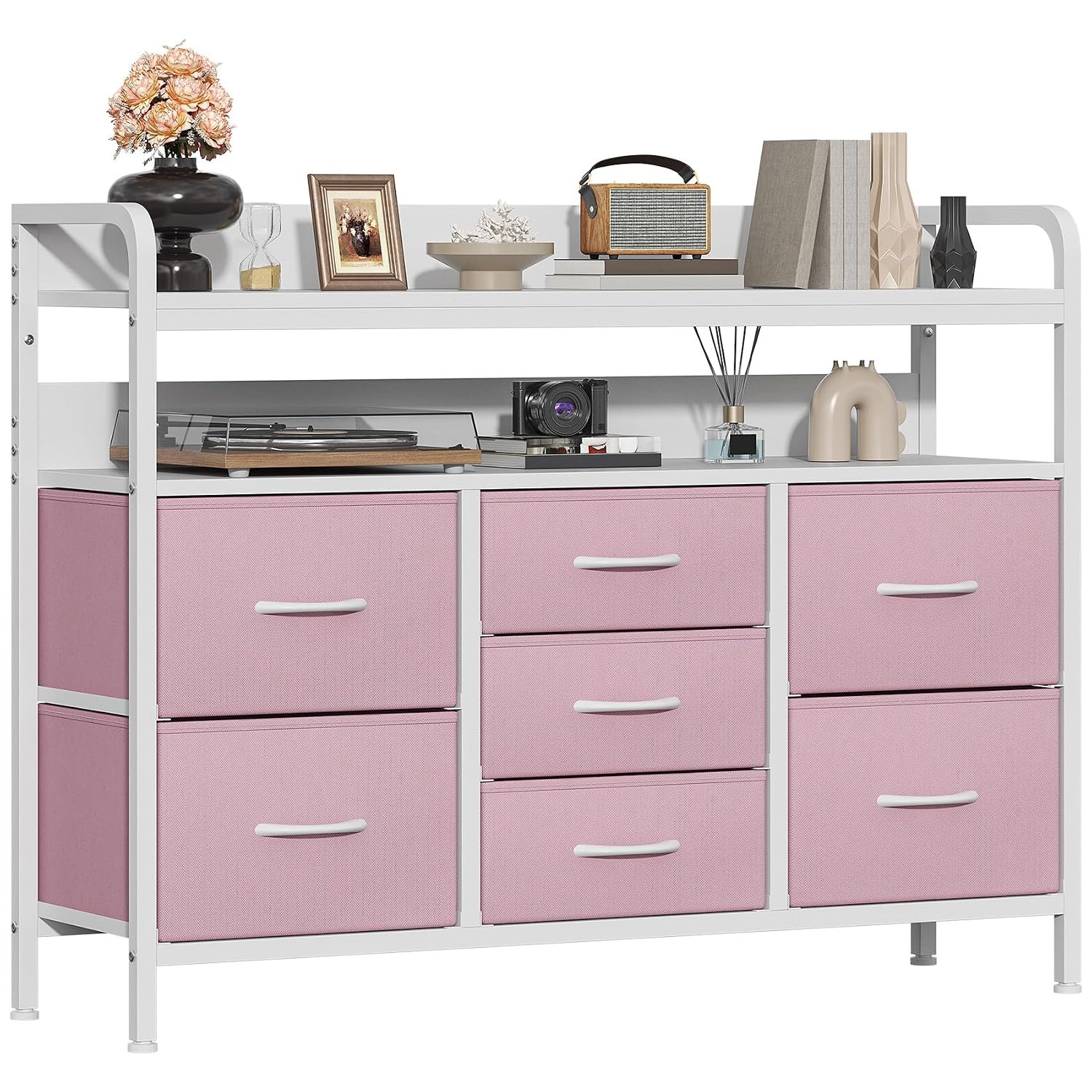 GoaHi Chest of Drawers Bedroom, 7 Fabric Drawers with 2 Layers Shelf, Storage Organizer Unit for Bedroom Living Room Closet, Sturdy Steel Frame & Wooden Top, Fabric Dresser, Pink