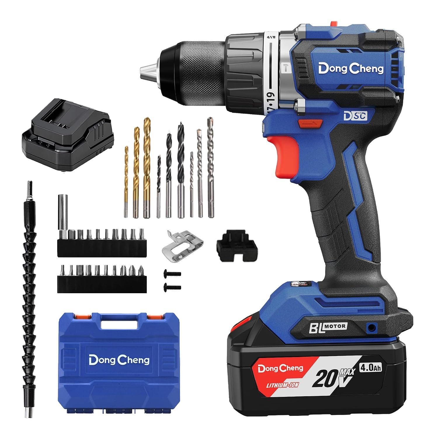 Dong Cheng 20V Brushless Hammer Drill, 90N.m, with 4.0Ah Battery, 1/2" Keyless Metal Chuck, 19+1+1 Clutch, Cordless Hammer Drill for Drilling Brick Wall, Metal, Wood