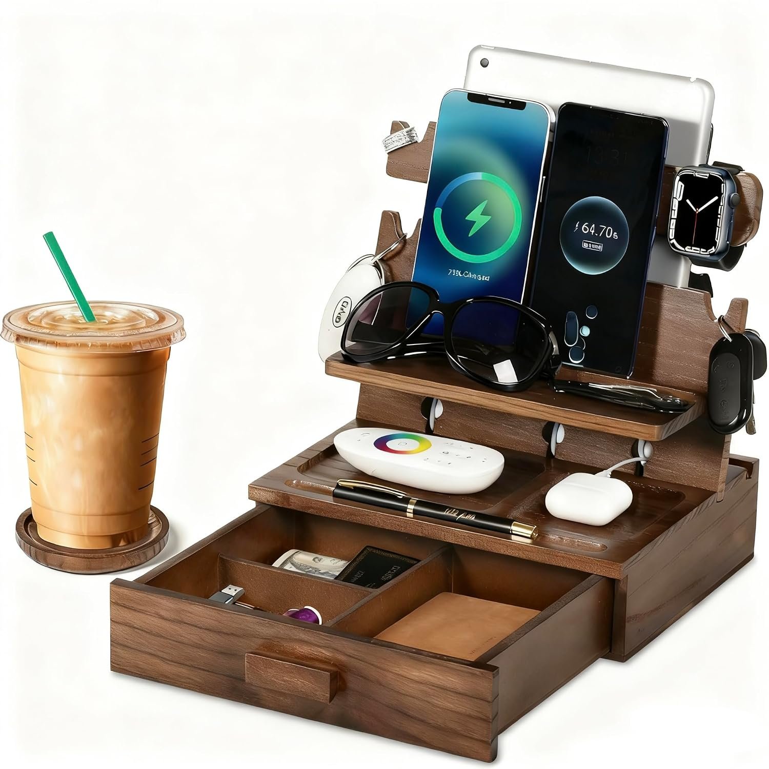 Wood Phone Docking Station for up to 3 Phones - Nightstand Organizer with Drawer for Valuables for Men & Women, Compatible with Apple Watch, Holds Phones, Tablets, Keys, Rings, Glasses, Watches & EDC