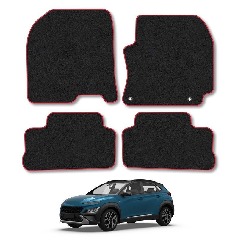 Hyundai Kona (2017-2023) Car Mats Accessories Tailored Fit Carpet Floor Mats Non Slip Red Trim Accessory Compatible Front Rear Set Anti Slip Backing Custom Fit Hand-Finished Full Coverage Clips