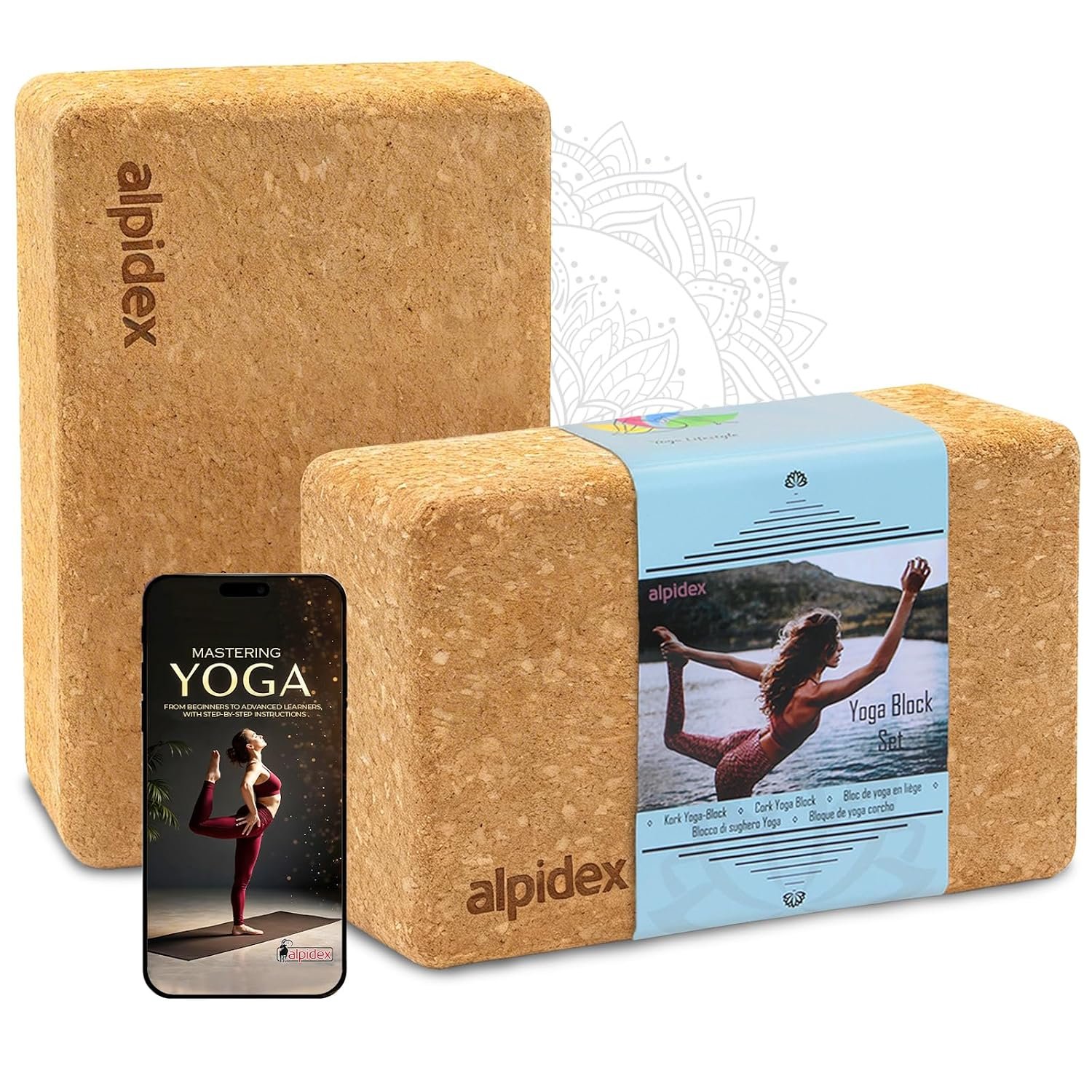 ALPIDEX Yoga block set of 2 incl. e-book with 100 exercises ecological and sustainable natural cork from Portugal cork block yoga pilates fitness brick, Size:2 pieces - 23 x 14 x 7.5 cm