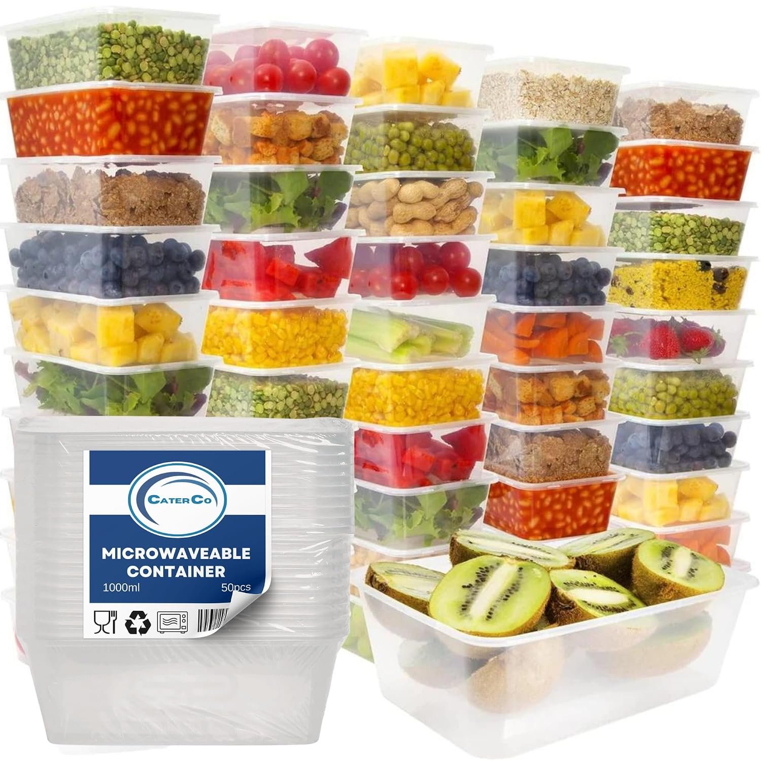 CaterCo 1000ml Plastic Food Containers with Lids - Set Of 50 - BPA Free, Reusable & Disposable Meal Prep Containers - Microwave & Freezer Safe, Cooking, Takeaway, Storage (1000ml - Set Of 50)