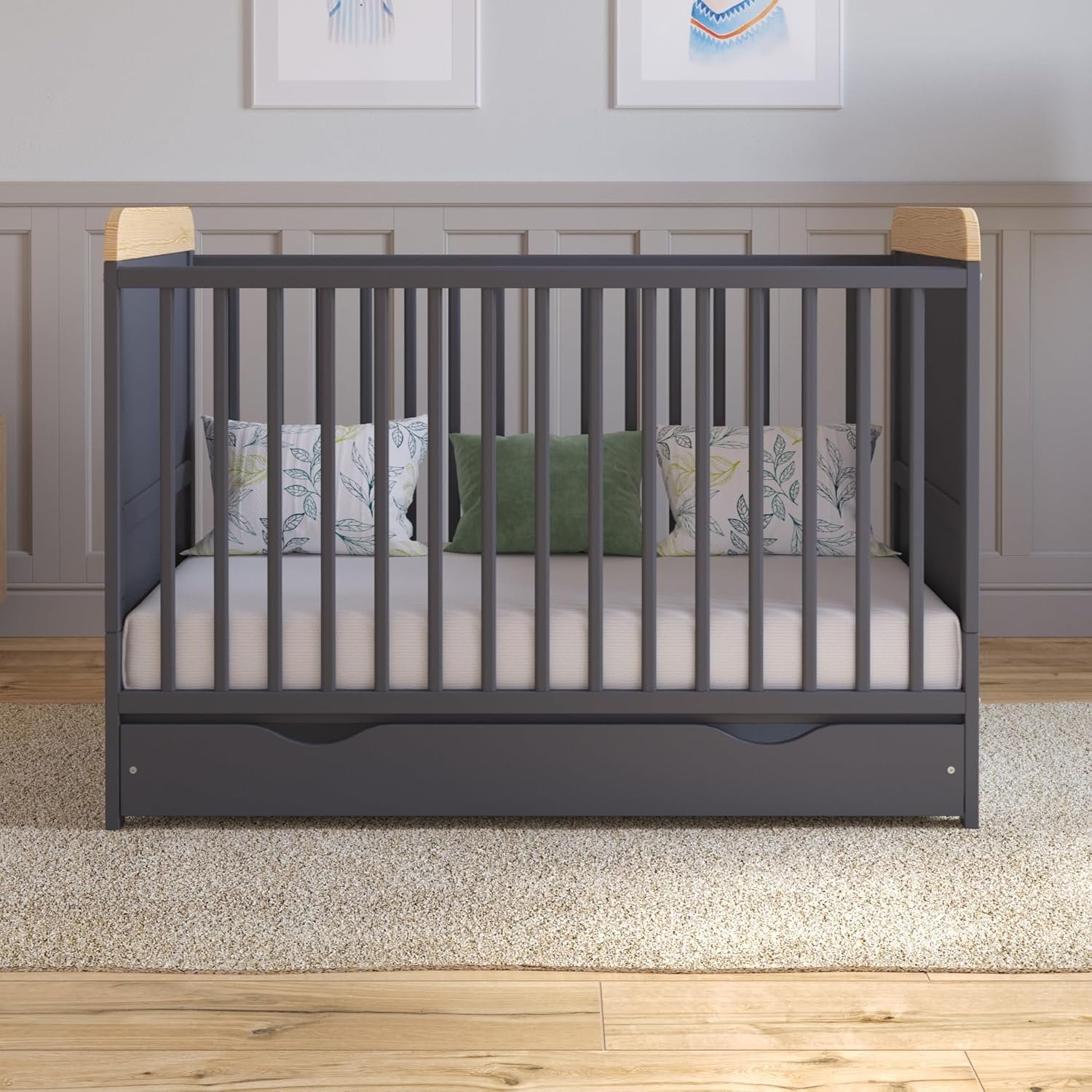 Love For Sleep LEVI Baby Cot Bed 120x60cm - Wooden Convertible Toddler Bed with Large Drawer and Quilted Microfiber Foam Mattress (Anthracite/Pine)