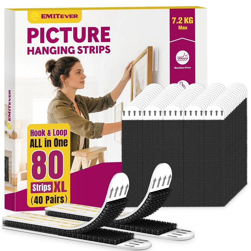 Emitever Picture Hanging Strips Heavy Duty, XL-40 Pairs(80 Strips), Holds up to 7.2 KG, No Damage Picture Adhesive Strips, Hook and Loop Mounting Tape Black