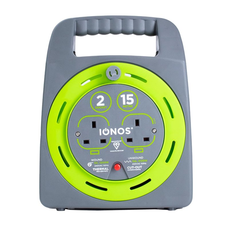 IONOS 2 Socket Cable Reel, 15m, Green, 13 Amp, Thermal Cut Out, Heavy Duty, Outdoor Extension Lead, Ideal for Garden, DIY, Workshop, Power Tools (ION15M2SHBCR2)