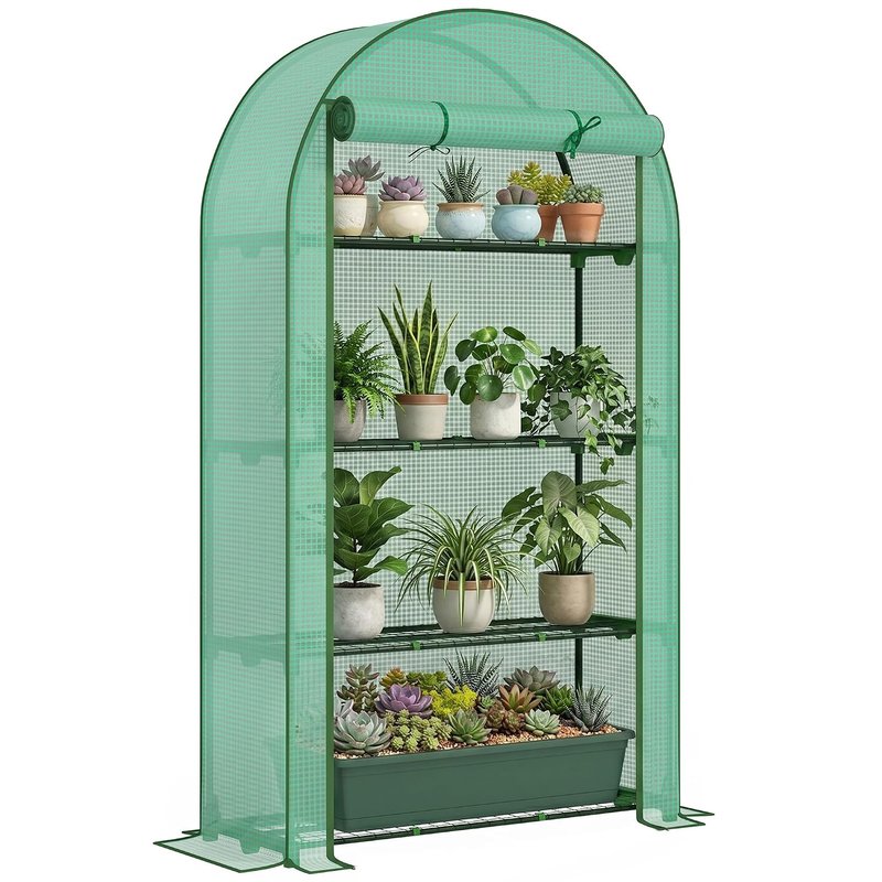 Outsunny 4 Tier Mini Greenhouse with Reinforced PE Cover, Portable Small Greenhouse with Roll-Up Door, 105 x 45 x 160cm, Green