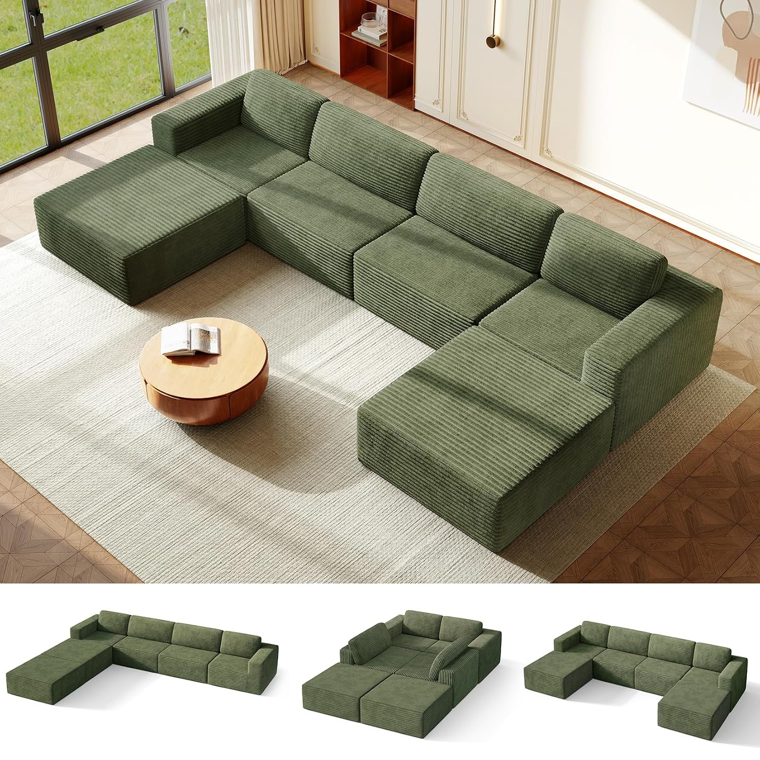 Vesgantti 404cm Oversized U-Shape Modular Sectional Sofa, Corduroy Cloud Couch with Spring Support & Extra Deep Seats, Movable Ottoman, Boneless Couch for Living Room, No Assembly Required, Green