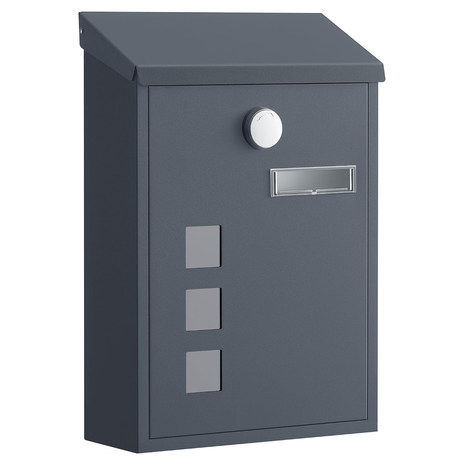 SONGMICS Post Box, Wall Mounted Letterbox, Mailbox with Sloped Roof, Copper Lock Cylinder, Swivel Cap, Viewing Windows, Nameplate, Easy to Install, 9 x 21.8 x 31.8 cm, Grey GMB032GZ01