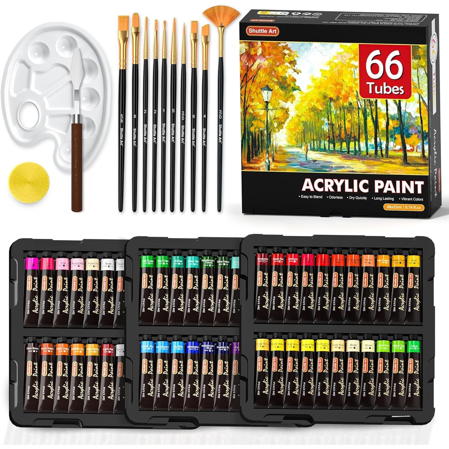 Shuttle Art 82 Pack Acrylic Paints Set, 66 Colours (22ml/0.74oz Each) Acrylic Paint with 10 Brushes,Canvas, Knife, Palette, Art Set for Adults,Beginners, Painting Set on Canvas, Wood Ceramic
