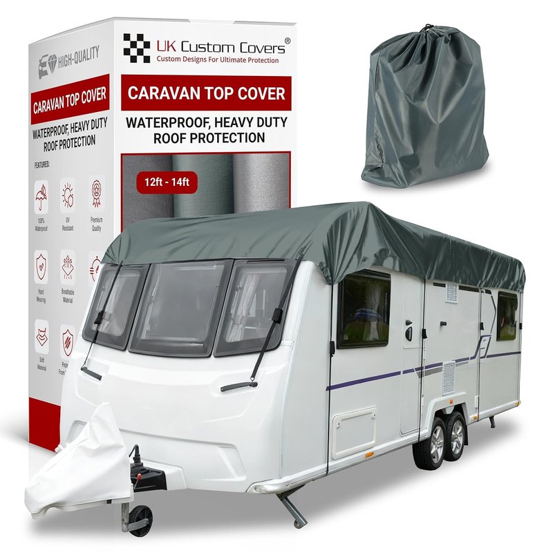Caravan Roof Cover - Roof Protector With Adjustable Straps, Hooks & Storage Bag, Heavy-Duty, Waterproof, UV-Resistant Breathable 150D for All-Weather Use by UK Custom Covers (12–14ft, Grey)