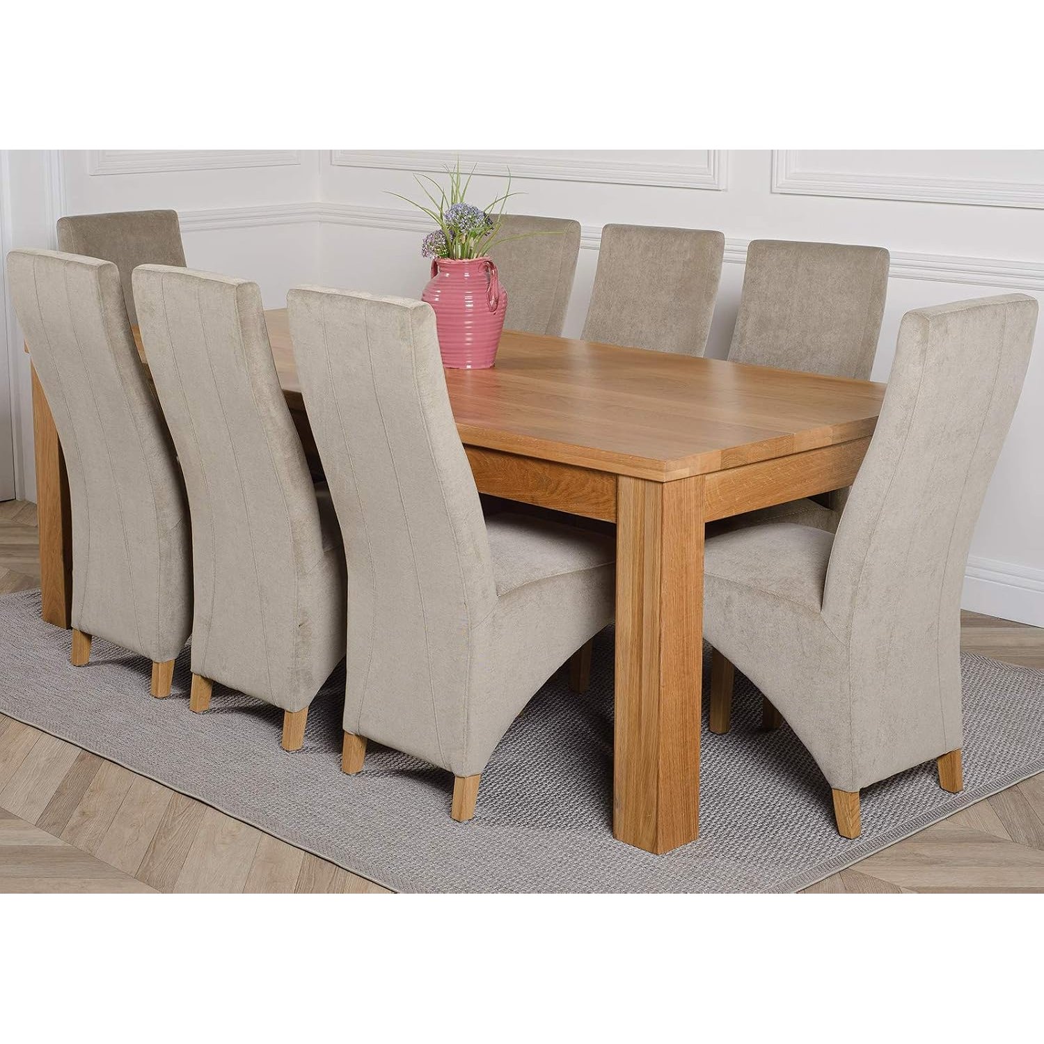 Oak Furniture King Solid Oak Dining Table & Chairs Set 8 Seater Dining Set – Dakota 222 x 102 cm Table & Lola Upholstered Grey Fabric Chairs, Wooden Kitchen Furniture, Natural Finish