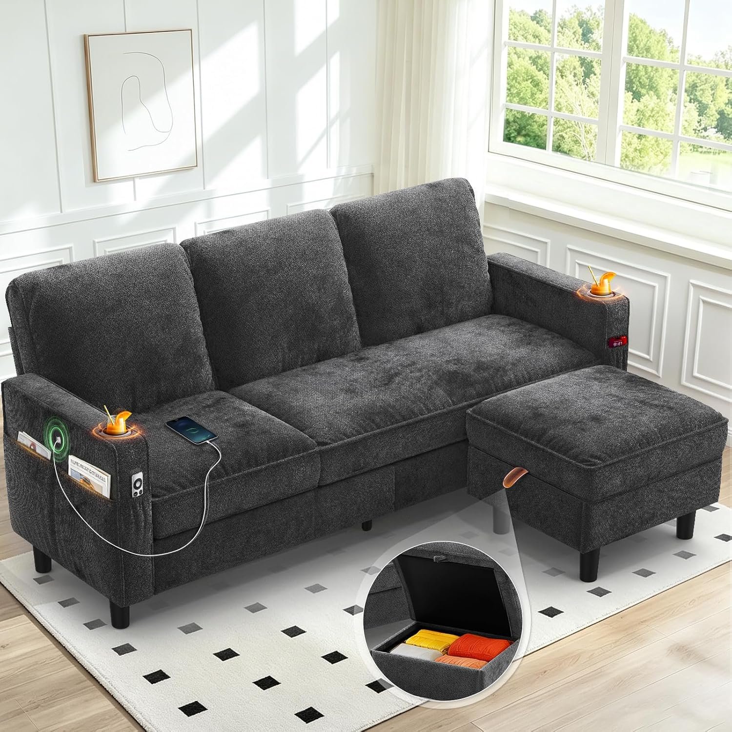 Aotumm Ciort 3-Seater Sofa with Storage Ottoman Footstool, L-shaped Chaise Lounge Sofa with USB Charging Ports, 2 Cup holders, Modern Fabric Small Space Corner Sofa Couch for Living Room (Dark Grey)