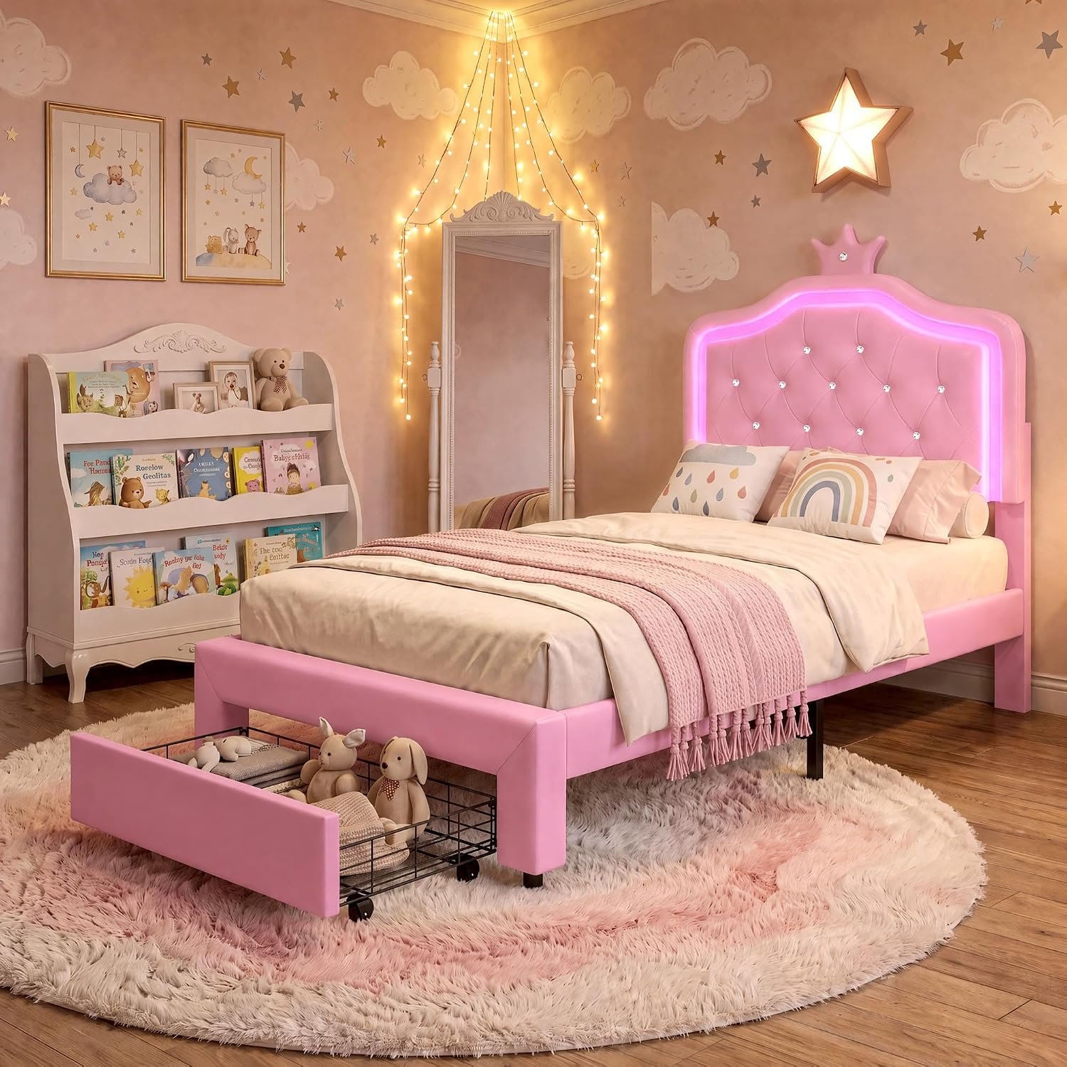 HYNHXBP Kids Single Princess Bed 90x190 cm,Velvet Upholstered Bed with Crown Headboard & LED Lights - Single Bed for Girls with Storage Drawer - Height Adjustable,Sturdy Slat Support (pink, 90x190cm)
