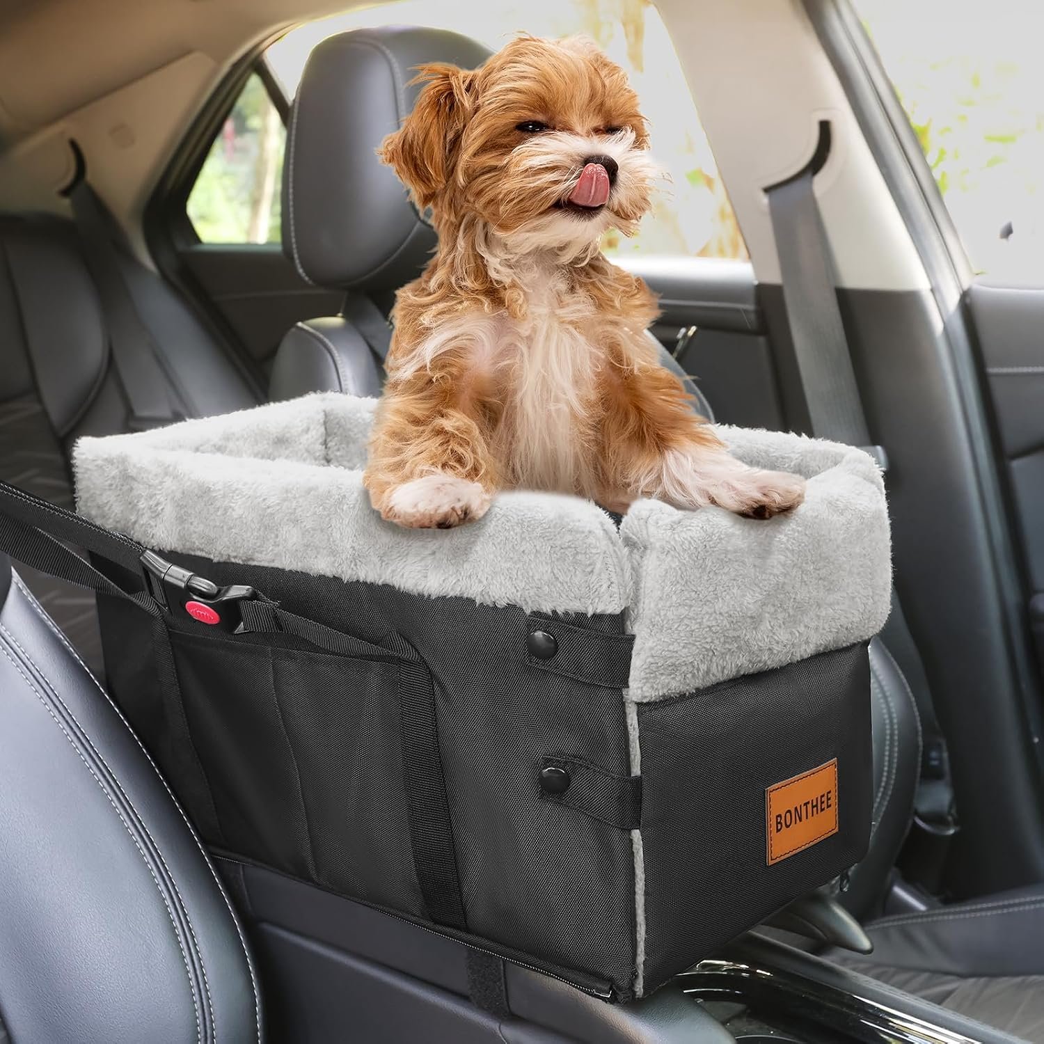Center Console Dog Car Seat for Small Dogs,Small Dog Car Booster Seat Washable Foldable Puppy Car Seat with Safe Protection Hooks Adjustable Straps and Storage Pocket Pet Up to15lbs