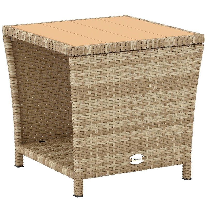 Outsunny 2-Tier PE Rattan Side Table with Storage Shelf, Square Outdoor Coffee Table with PS Wood Slat Top, UV-Resistant for Patio, Garden, Balcony, Khaki