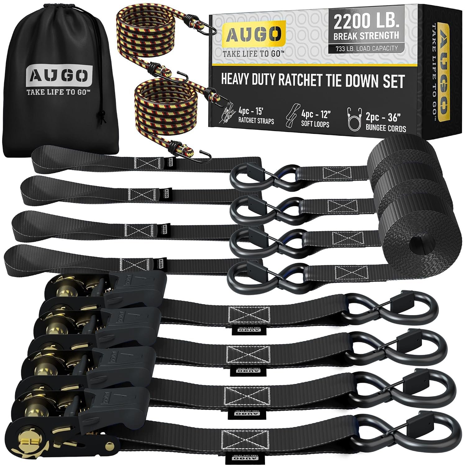 AUGO Ratchet Tie Down Straps –4 PK– 4.5m – 1000 KG Break Strength – Safety Lock S Hooks –for Moving Cargo, Appliances, Lawn Equipment, Motorcycle – Includes 2 Bungee Cords, 4 Soft Loops, Storage Bag