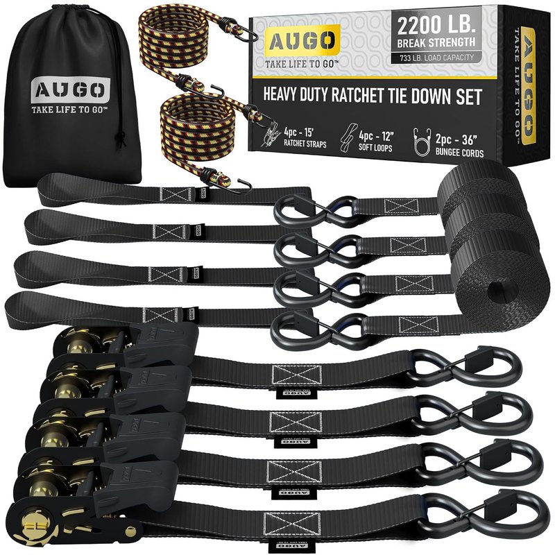 AUGO Ratchet Tie Down Straps –4 PK– 4.5m – 1000 KG Break Strength – Safety Lock S Hooks –for Moving Cargo, Appliances, Lawn Equipment, Motorcycle – Includes 2 Bungee Cords, 4 Soft Loops, Storage Bag