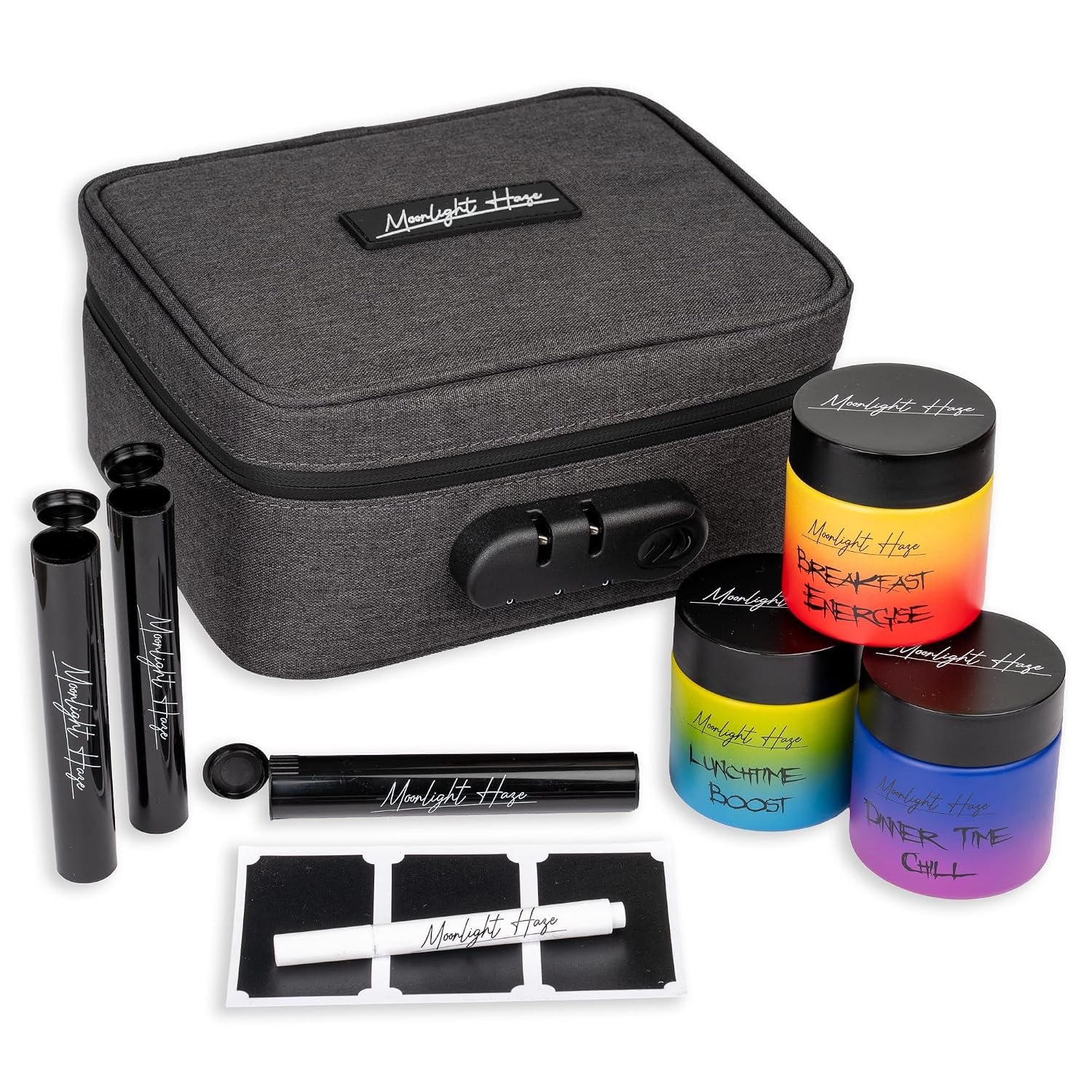Moonlight Haze Smell Proof Bag with Accessories – Smell Proof Box Stash Box Gift Set, 3 Smell Proof Containers, Integrated Rolling Tray, 3 Tubes, Stash Jars, Gifts for Men & Women (Without Grinder)