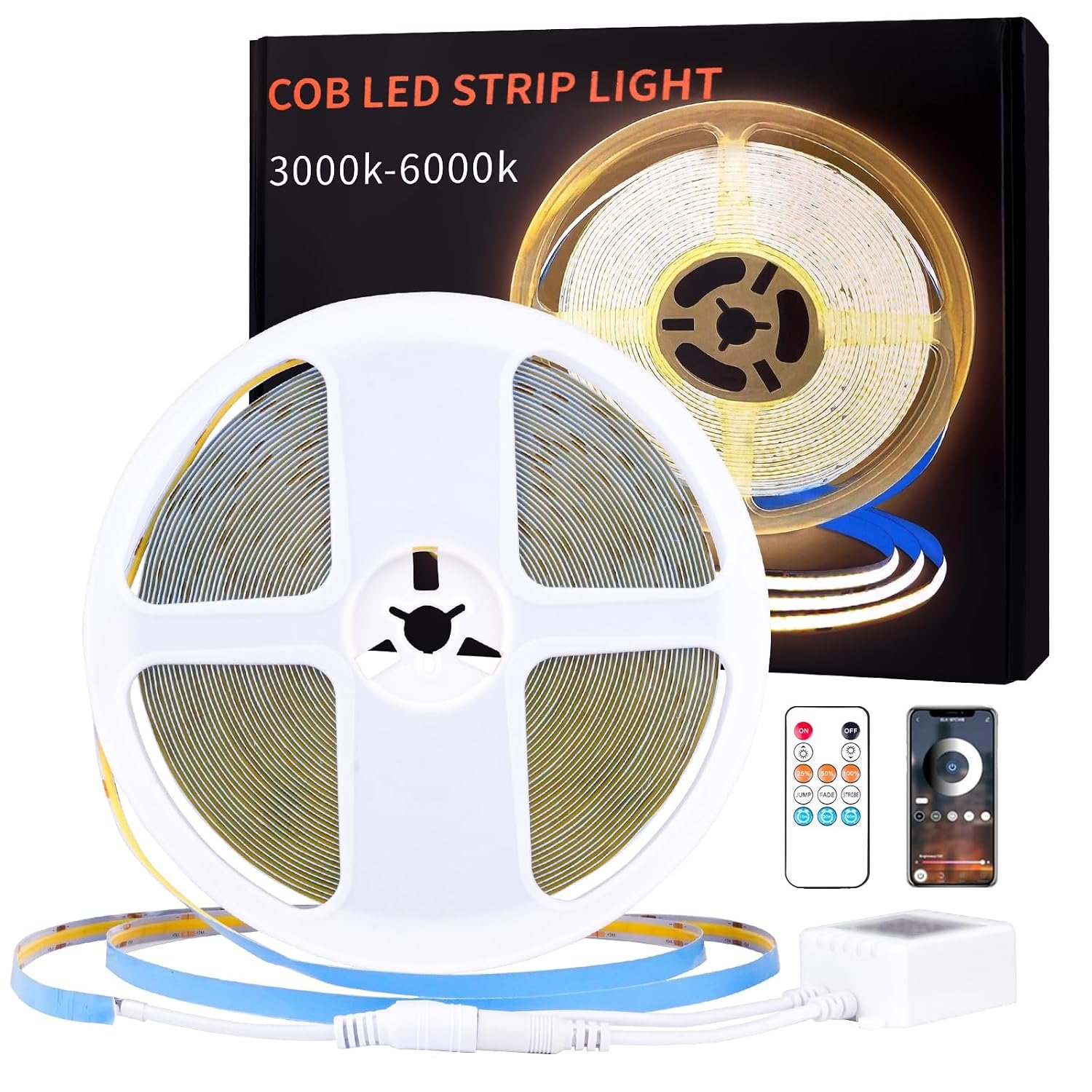 H8W8H COB LED Strip Light,15M 24V 3000K Warm White Dimmable LED Strips with Remote and App Control,Cuttable Led Lights Strips for Living Room, Kitchen, Bedroom DIY Decoration