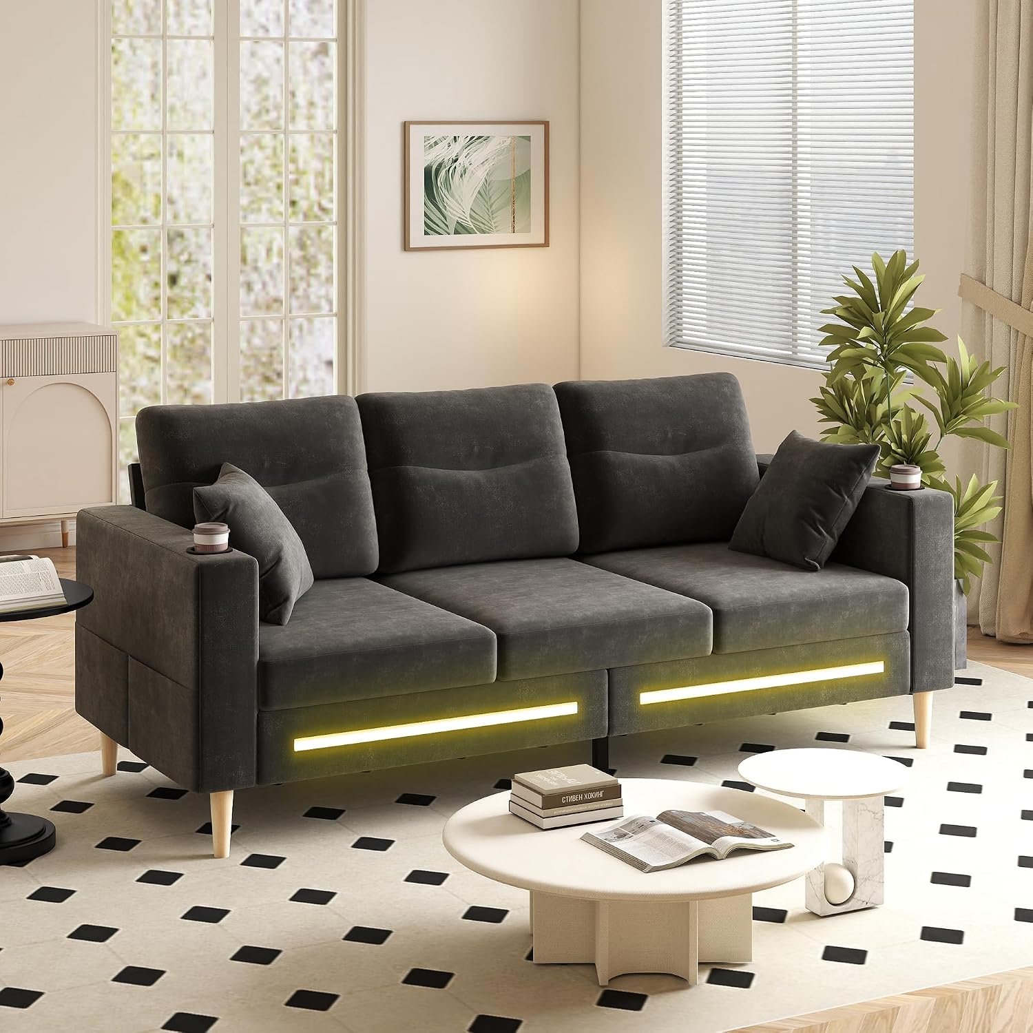3 Seater Sofas for Living Room,Chenille Fabric Settee with LED Light,Modern Deep Seat With Cup Holders and 2 Pillows,Bilateral Pocket Storage,Wood Legs,Cloud Couch,190cm Office Couch,Dark Grey