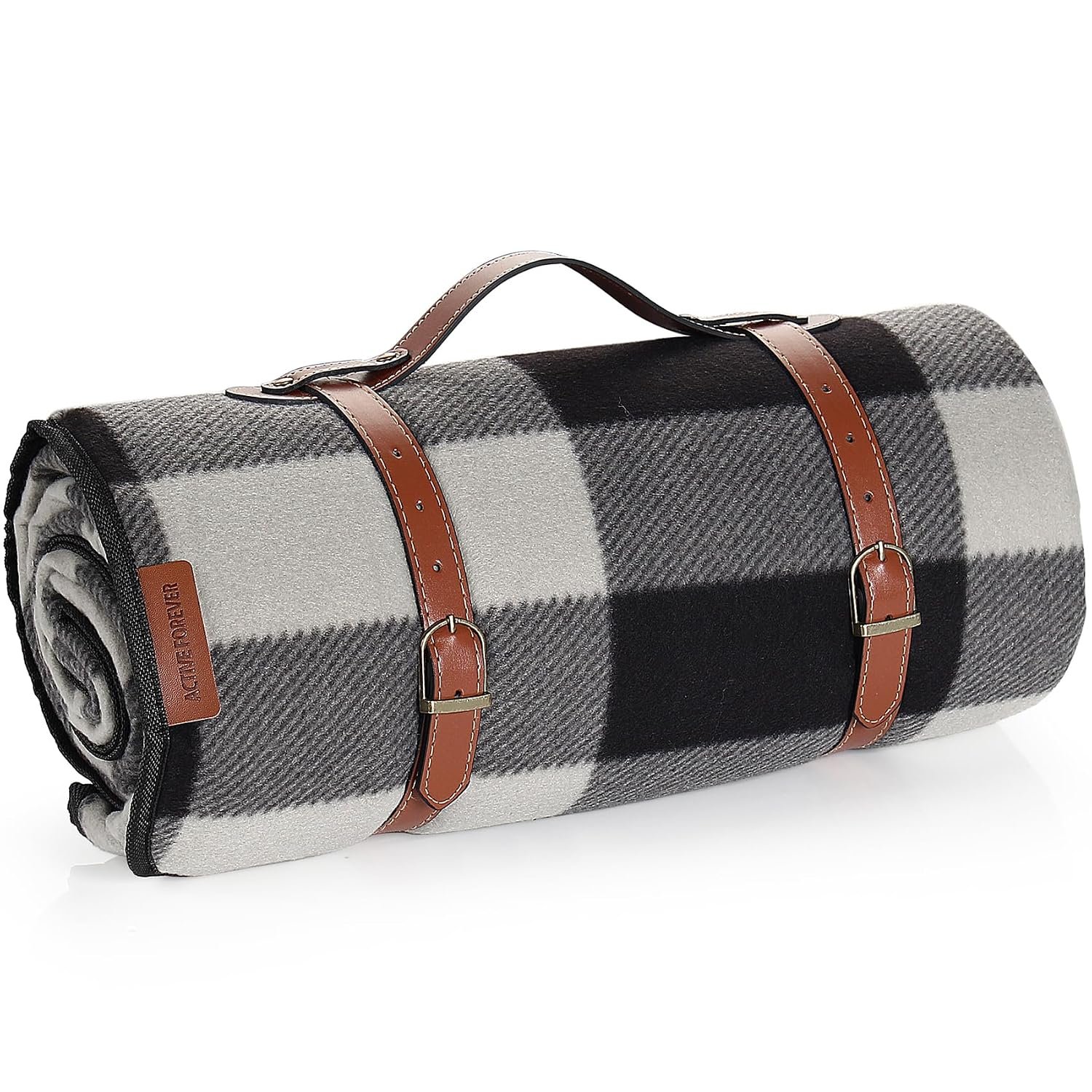 ACTIVE FOREVER Picnic Blanket Portable, 200x200CM Extra Large Waterproof Picnic Mats with Carrying Handle, Outdoor Multipurpose Rugs for Camping, Travel, Park, Beach, Garden, Black Gray Plaid