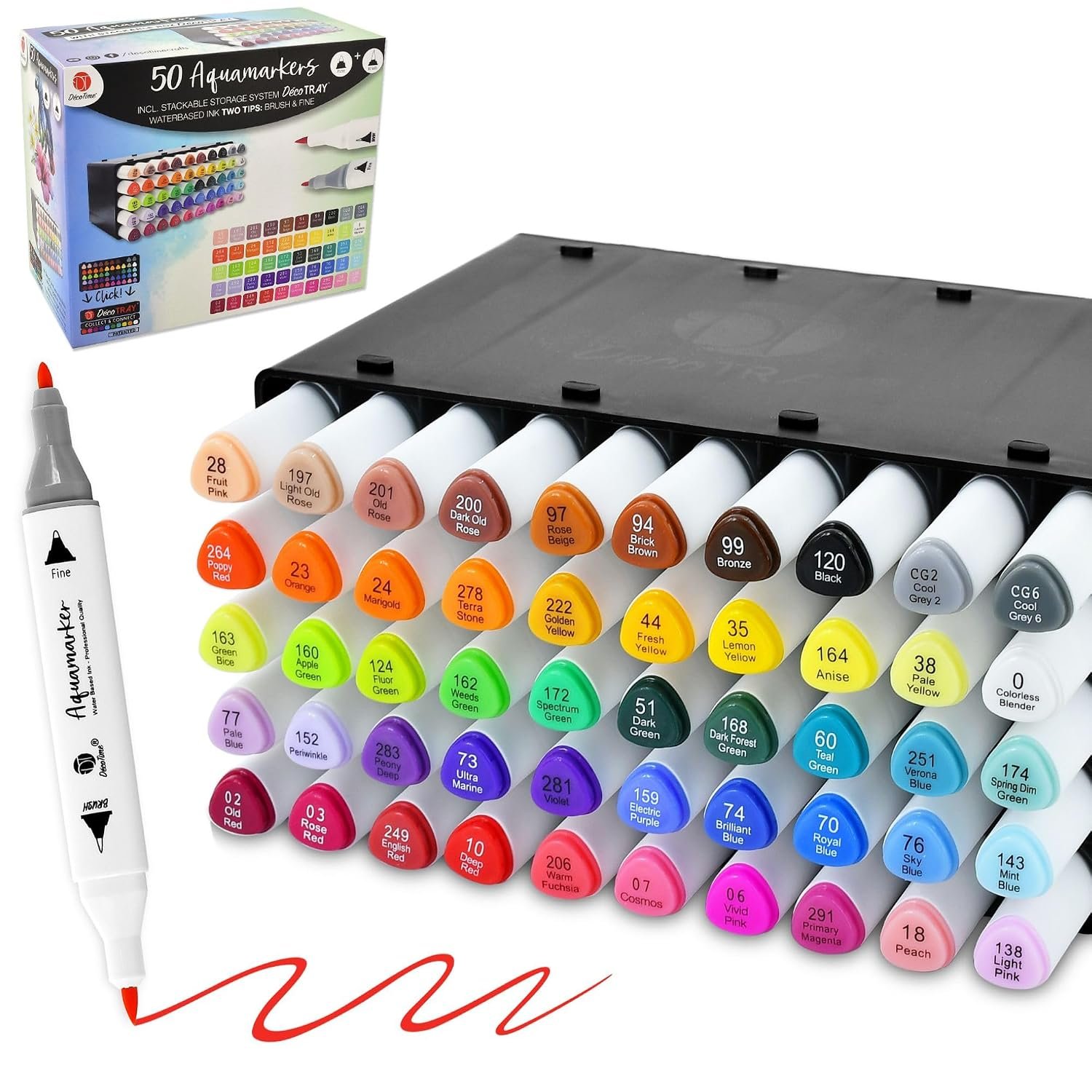 Decotime 50 Dual-Tip Aqua Markers, Stackable Deco Tray - Watercolour Brush Pens Set - Non Toxic for Kids 3+ - Professional Colouring Pens for Art & Illustration - Fine & Brush Tips for Precise Control