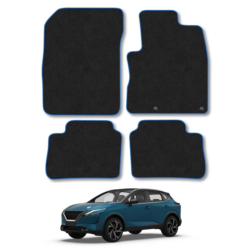 Nissan Qashqai E-Power (2022+) Car Mats Accessories Tailored Fit Carpet Floor Mats Non Slip Blue Trim Full Coverage Compatible Accessory Granulated Backing Front Rear Set Anti Slip Hand-Finished Clips