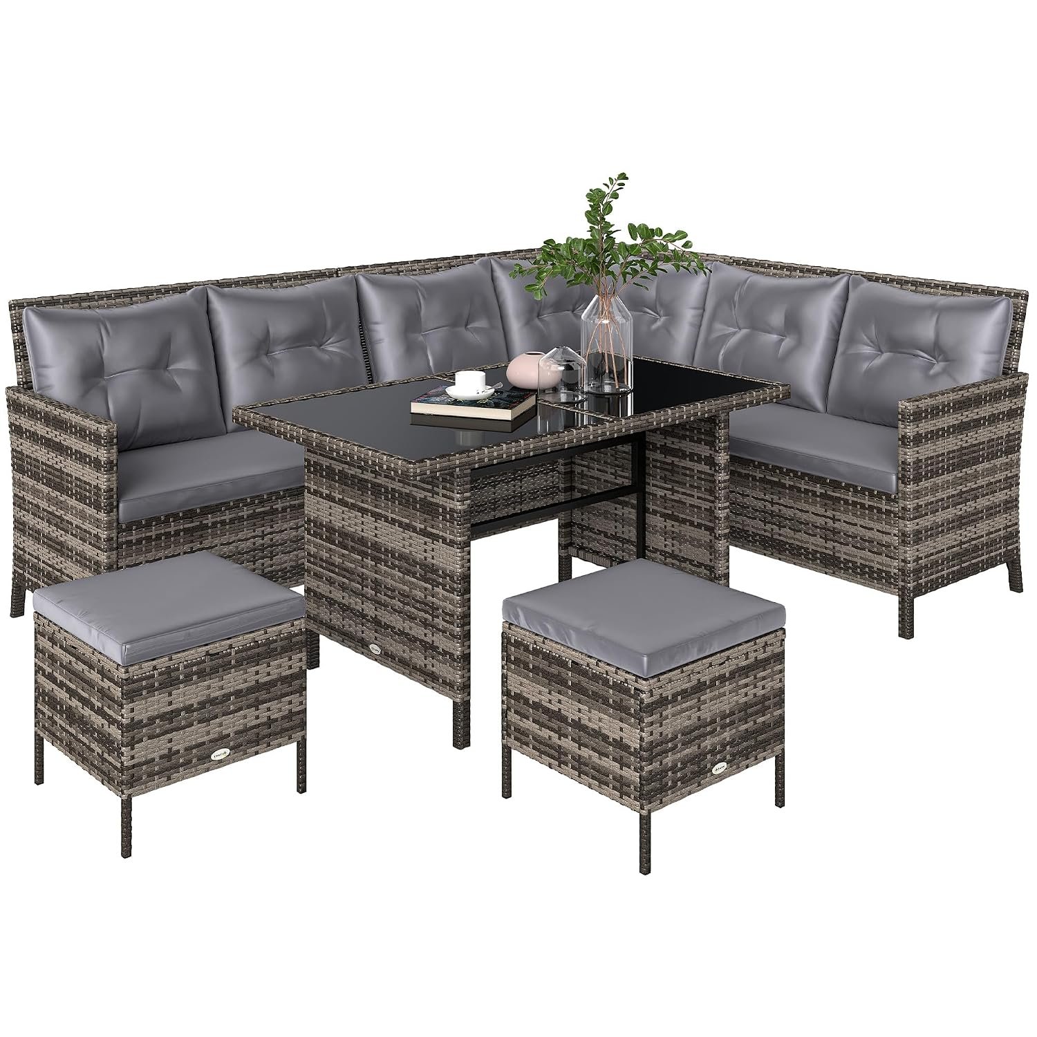 Outsunny 6 Pieces Rattan Garden Furniture Set, 8-Seater Garden Corner Sofa Set with 3 Loveseats, Glass Top Table, Footstools, Outdoor Conservatory Furniture with Cushions for Patio, Grey