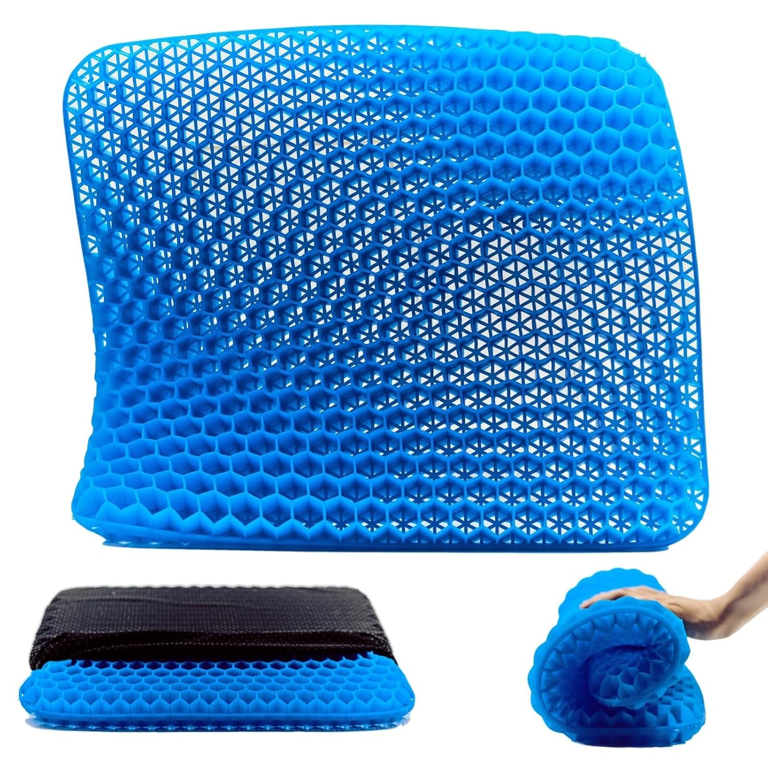 LunaValu Gel Seat Cushion, Breathable Honeycomb Design for Long Sitting, Pressure Relief Chair Pad for Office Chair, Wheelchair & Car Seat, Non-Slip Cover (Blue/Black)