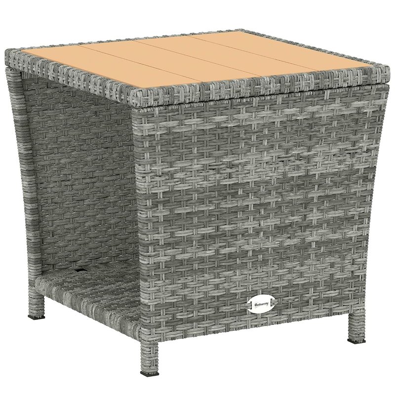 Outsunny 2-Tier PE Rattan Side Table with Storage Shelf, Square Outdoor Coffee Table with PS Wood Slat Top, UV-Resistant for Patio, Garden, Balcony, Light Grey