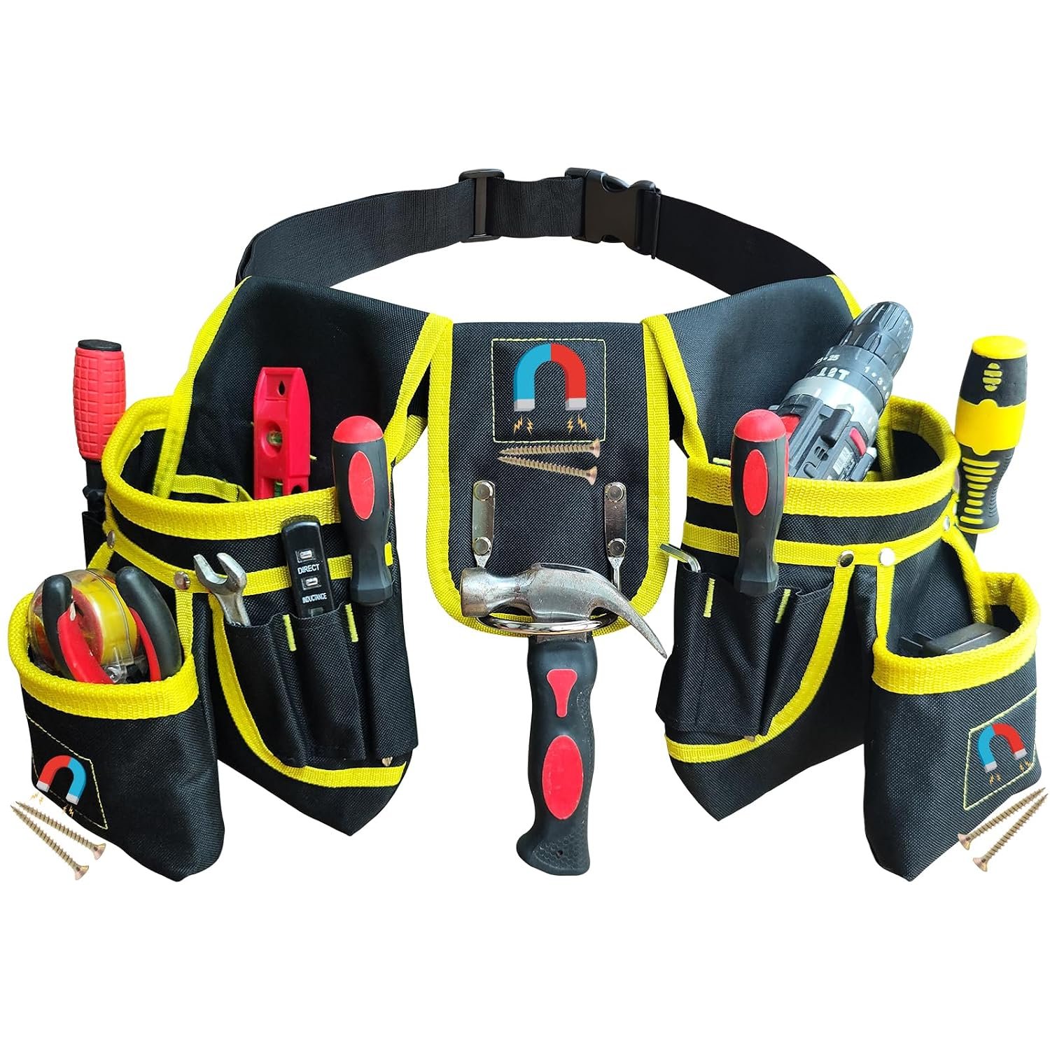 Sneulletoys Tool Belts Pouch for Men,Heavy Duty Tool Pouch Belt with 26 Pockets and a Hammer Holder,Detachable Adjustable Magnetic Professional Work Tool Belt for Electricians Carpenters Builders