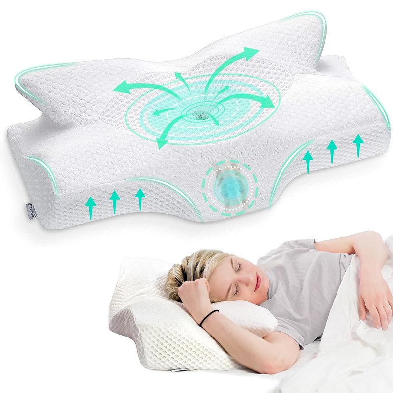Elviros Cervical Memory Foam Pillow, Ergonomic Neck and Shoulder Support Pillow for Side/Back/Stomach Sleepers with Removable Cover (White)