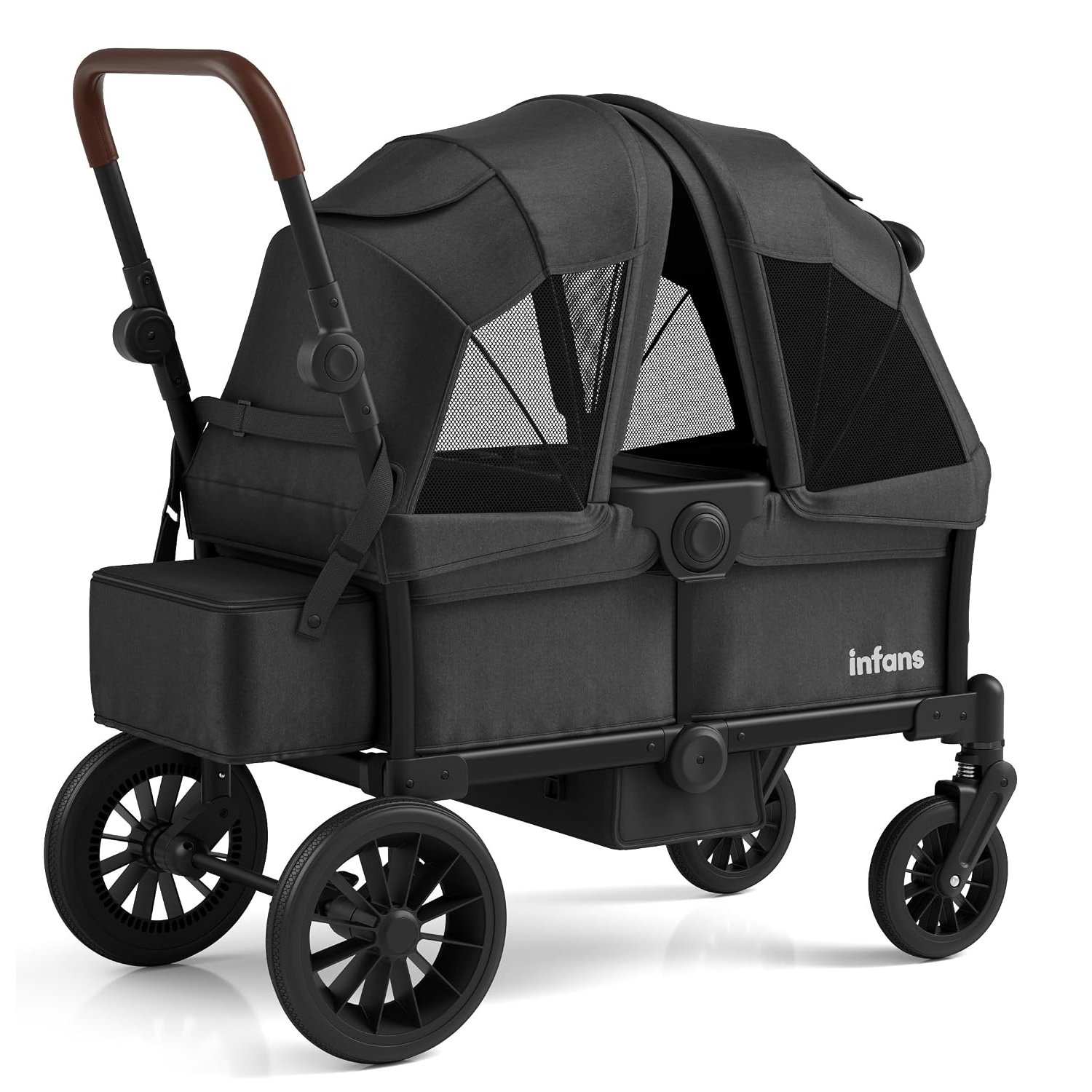 INFANS Wagon Stroller for 2 Kids, Collapsible Adjustable Push Pull Handle Bar, 2 Seater Stroller Wagon with Removable Canopy Snack Tray, Comfortable Drop-Down footwell and Upholstered Seats (Black)