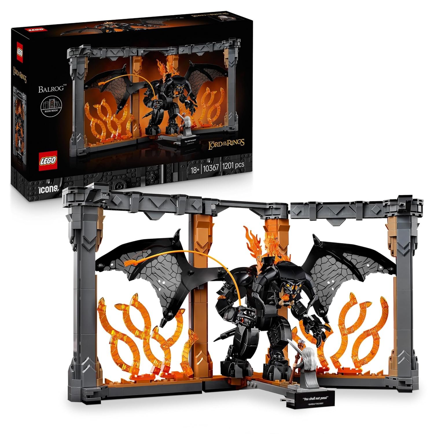 LEGO Icons The Lord of the Rings: Balrog Book Nook - DIY Bookshelf Decor with a Gandalf the Grey Minifigure & Dragon Figure - Collectible Gift for Fans - 10367