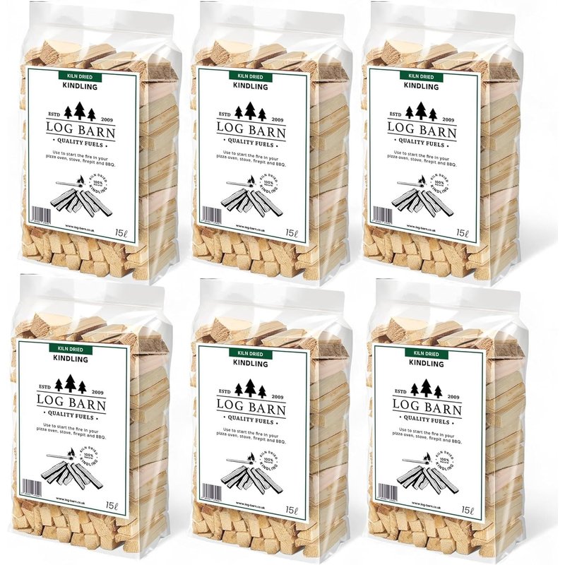 Log Barn Kiln-Dried Kindling Wood for Wood Burner – approx. 13kg (6 x 15l Bags) | Bumper Pack Kindling Sticks for Log Burners, Fire Pits, Pizza Ovens & Open Fires - Ideal for Home & Commercial Use.