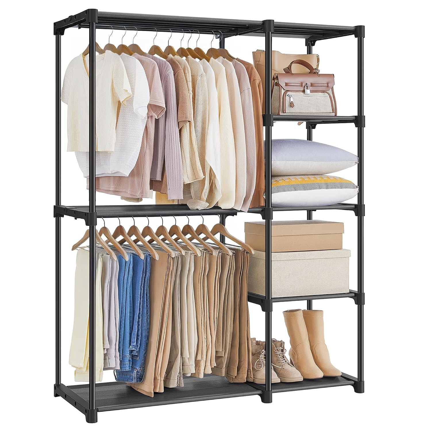 SONGMICS Freestanding Wardrobe, Foldable Closet, Coat Rack with Clothes Rails, Clothes Rack, Open Storage Wardrobe, Storage Organiser, Cloakroom, Bedroom, 43 x 112 x 165 cm, Black RYG24BK